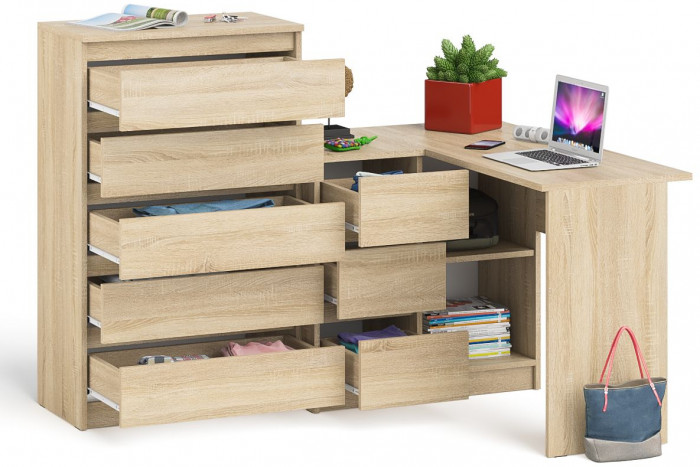 Мори Стол компьютерный МС-16 левый + Комод МК700.5, цвет дуб сонома, ШхГхВ 194,8х84,9х114 см., выдвижные ящики слева, НЕ универсальная сборка