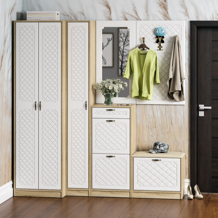 Прихожая П-6-350 Пенал, дуб сонома/фасады МДФ белое дерево фрезеровка ромб