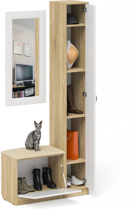 Прихожая П-6 Компоновка № 20, цвет дуб сонома/фасады МДФ белое дерево фрезеровка прованс, ШхГхВ 90х35х210 см., универсальная сборка