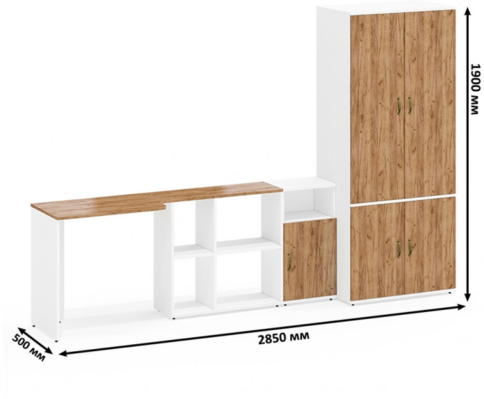 Лидер-8 Стол + Тумба МД 3.19 + Шкаф МД 19Б, белый шагрень/крафт золото