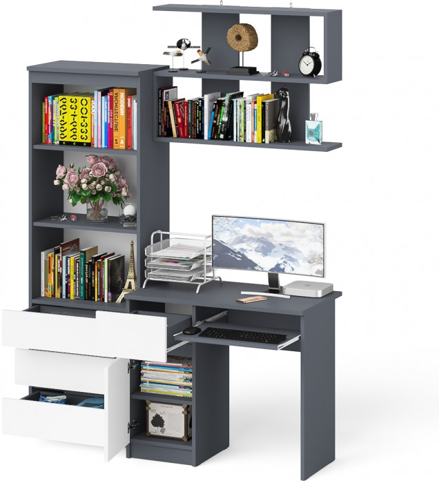 Мори компьютерный стол МС-1 левый + Стеллаж МСТ600.3 + Полка 900, графит/белый