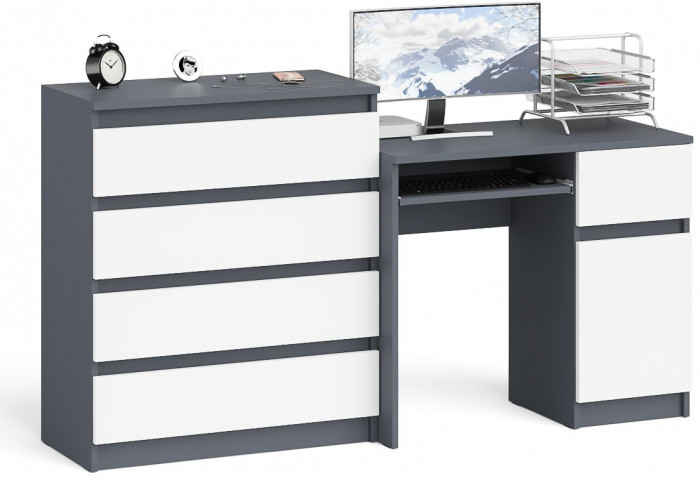 Мори компьютерный стол МС-1 правый + Комод МК800.4, графит/белый