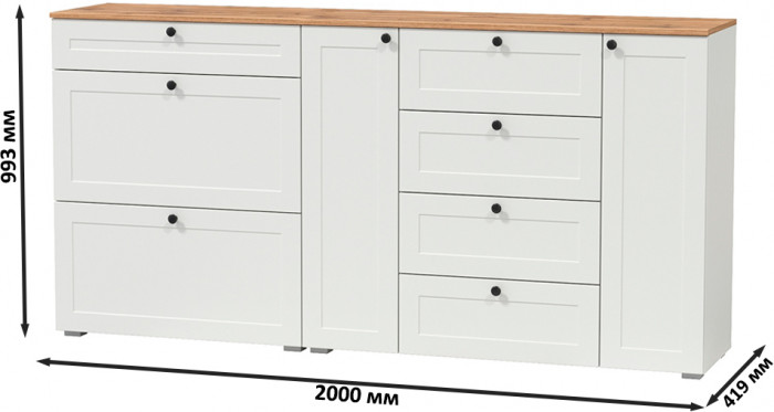 Остин 16.221 Комод + 16.121 Тумба для обуви, цвет белый шагрень/дуб крафт золотой, ШхГхВ 200х41,9х99,3 см., универсальная сборка