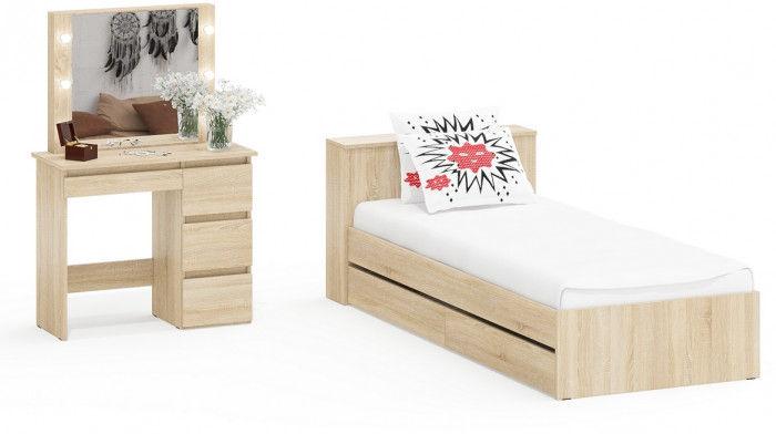Ксения Кровать с ящиками 0900 + Стол косметический с подсветкой Сура, дуб сонома