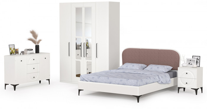 Валенсия Спальня № 32, цвет ЛДСП белый шагрень/МДФ белый шагрень/ткань велутто 19, ортопед есть, сп. м. 1600х2000 мм., б/м