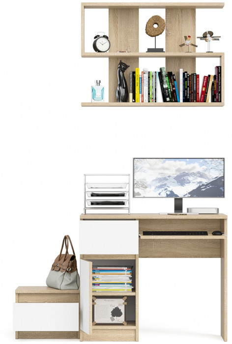 Мори Стол компьютерный МС-1 левый + Тумба ТМП400.1 + Полка 900, цвет дуб сонома/белый, ШхГхВ 130,4х50х209,6 см., НЕ универсальная сборка