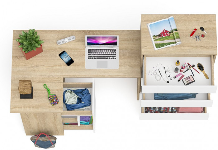 Мори Стол компьютерный МС-16 левый + Комод МК700.5, цвет дуб сонома/белый, ШхГхВ 194,8х84,9х114 см., выдвижные ящики слев, НЕ универсальная сборкаа