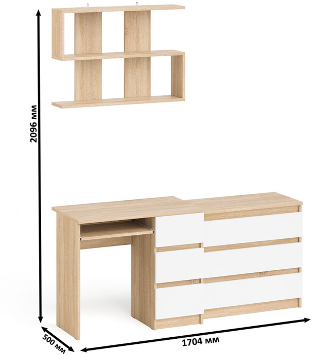 Мори Стол компьютерный МС-6 правый + Комод МК800.1 + Полка 900, цвет дуб сонома/белый, ШхГхВ 170,4х50х209,6 см., НЕ универсальная сборка