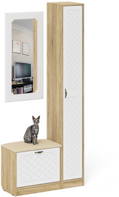 Прихожая П-6 Компоновка № 20, цвет дуб сонома/фасады МДФ белое дерево фрезеровка ромб, ШхГхВ 90х35х210 см., универсальная сборка