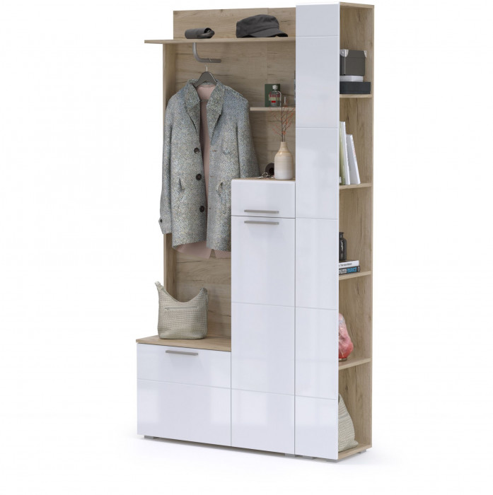 Лайн Прихожая № 06, дуб крафт серый/фасады МДФ белый глянец