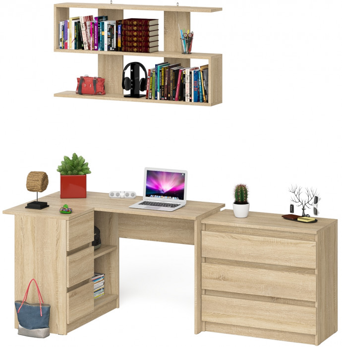 Мори компьютерный стол МС-16 левый + Комод МК800.1 + Полка 1200, дуб сонома