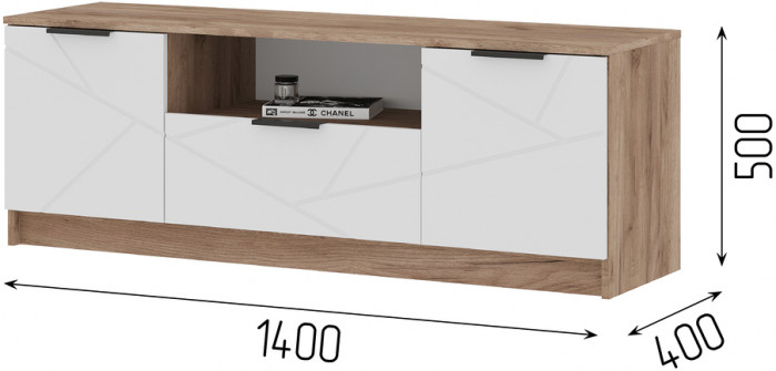 ОРЕГОН ТВ 01 Тумба под ТВ (1400х500х400) Фасад МДФ БЕЛЫЙ СУПЕРМАТ,ДУБ КРАФТ ТАБАЧНЫЙ/Корпус ДУБ КРАФТ ТАБАЧНЫЙ