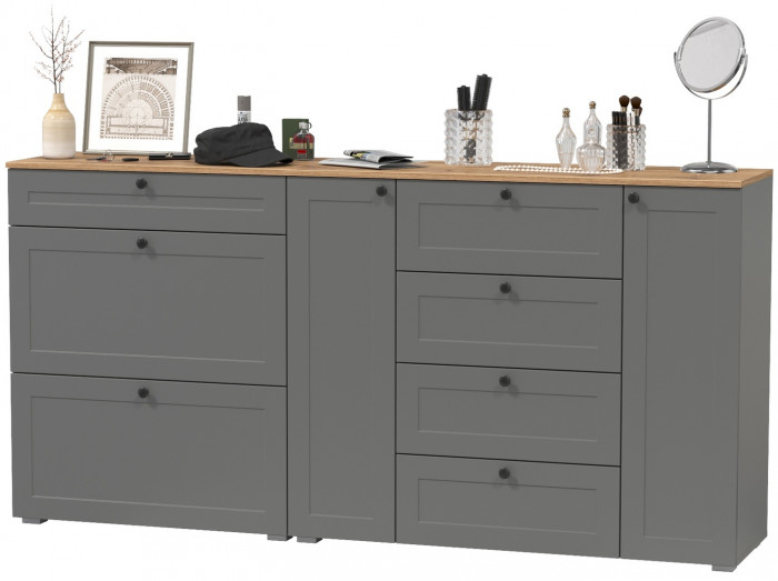 Остин 16.221 Комод + 16.121 Тумба для обуви, цвет серый графит/дуб крафт золотой, ШхГхВ 200х41,9х99,3 см., универсальная сборка