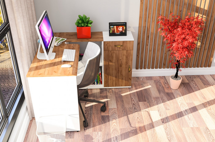 Лидер-8 Стол + Тумба МД 3.15, цвет белый шагрень/крафт золото, ШхГхВ 205х50/30х75 см. или 115х50/120х75 см., НЕ универсальная сборка