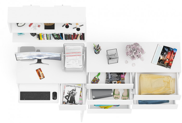 Мори Стол компьютерный МС-1 правый + Комод МК1200.8 + Полка 900, цвет белый, ШхГхВ 210,4х50х209,6 см., НЕ универсальная сборка