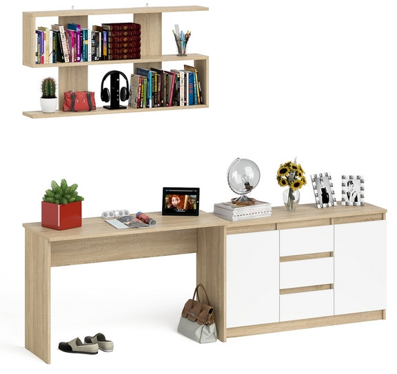 Мори письменный стол МСП1200.1 + Комод МК1200.3 + Полка 1200, дуб сонома/белый