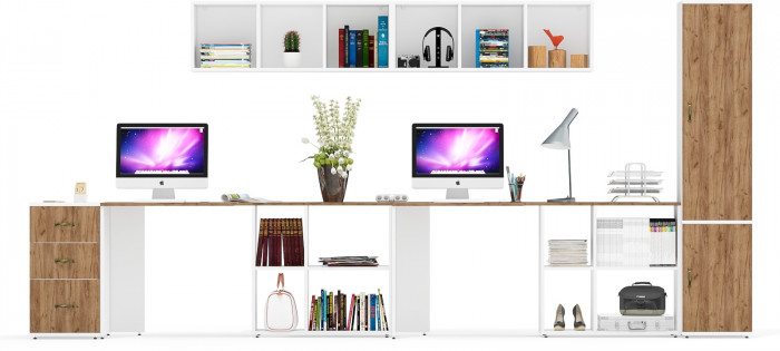 Лидер-8 Стол + Полка + Стол + Полка + Пенал МД 22Б + Тумба МД 3.16, белый шагрень/крафт золото