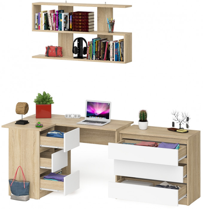 Мори компьютерный стол МС-16 левый + Комод МК800.1 + Полка 1200, дуб сонома/белый