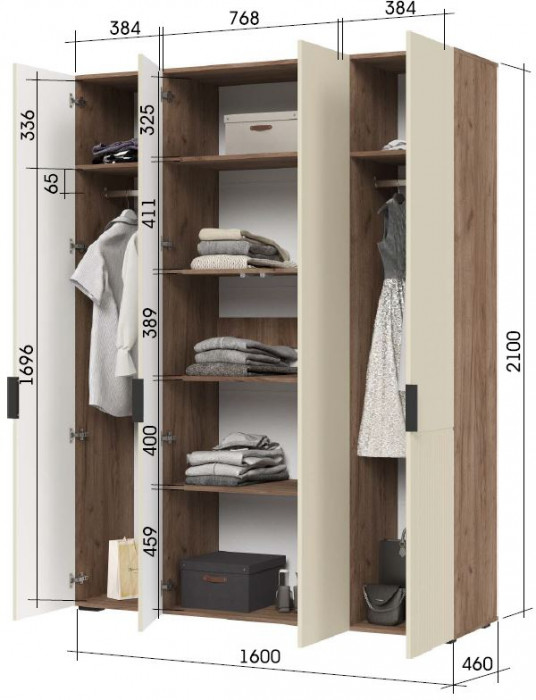 СОНАТА ШК 04 Шкаф 4-х створчатый (1600х2100х460) Фасад МДФ МОНО КЕРАМИКА/Корпус ДУБ КРАФТ ТАБАЧНЫЙ