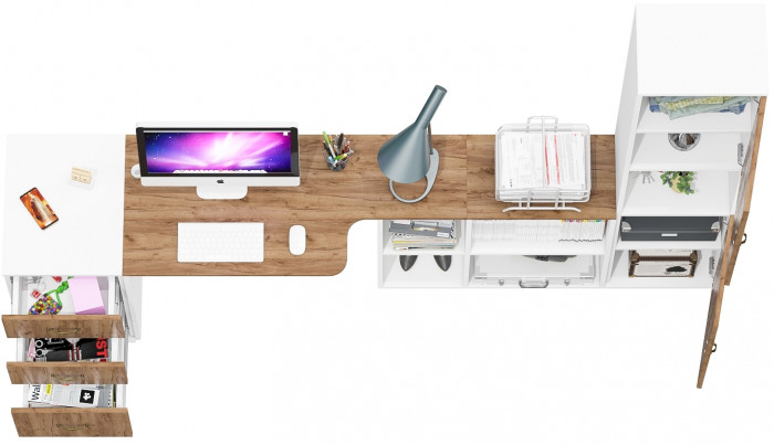 Лидер-8 Стол + Тумба МД 3.16 + Пенал, цвет белый шагрень/крафт золото, ШхГхВ 245х50/30х75/190 см. или 115х50/160х75/190 см., НЕ универсальная сборка