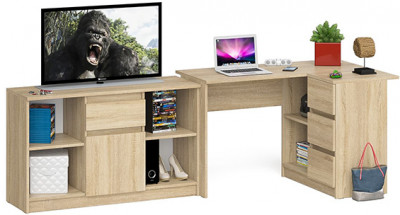 Мори компьютерный стол МС-16 правый + Тумба МТВ1204.1, дуб сонома