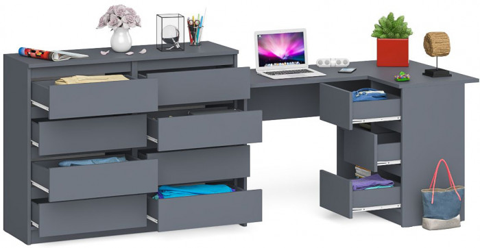 Мори Стол компьютерный МС-16 правый + Комод МК1200.8, цвет графит, ШхГхВ 244,8х84,9х94 см., выдвижные ящики справа, НЕ универсальная сборка