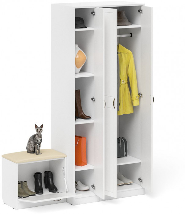 Прихожая П-6 Компоновка № 45, белая шагрень/фасады МДФ белое дерево фрезеровка прованс