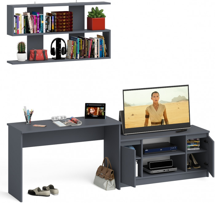Мори Стол письменный МСП1200.1 + Тумба МТВ1200.1 + Полка 1200, цвет графит, ШхГхВ 240,8х50х209,6 см., универсальная сборка