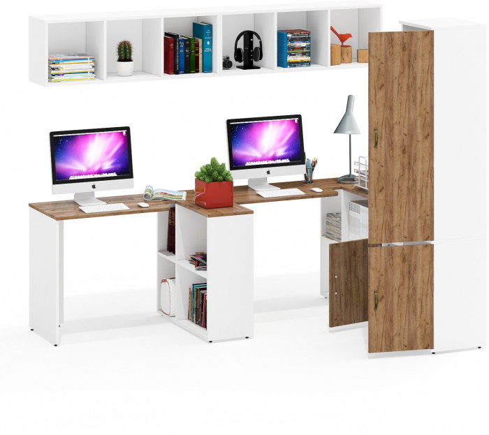 Лидер-8 Стол + Полка + Стол + Полка + Пенал МД 22Б + Тумба МД 3.19, белый шагрень/крафт золото