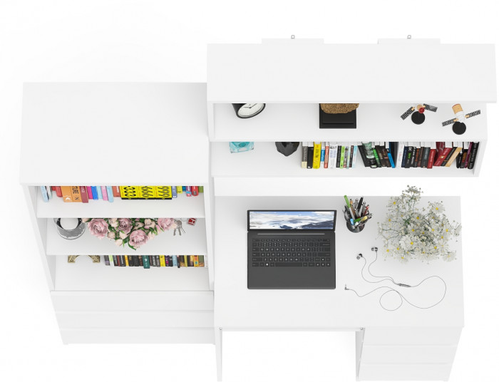 Мори компьютерный стол МС-6 правый + Стеллаж МСТ600.3 + Полка 900, белый