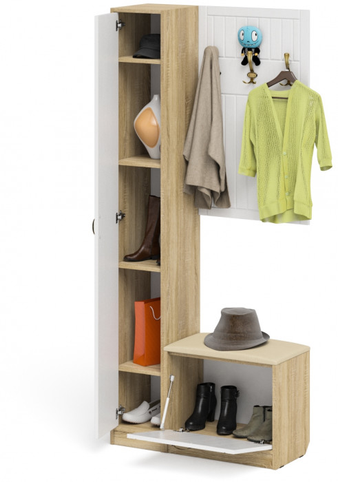 Прихожая П-6 Компоновка № 21, цвет дуб сонома/фасады МДФ белое дерево фрезеровка прованс, ШхГхВ 90х35х210 см., универсальная сборка