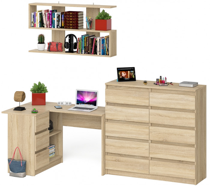 Мори компьютерный стол МС-16 левый + Комод МК1200.10 + Полка 1200, дуб сонома