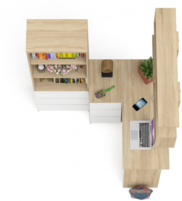 Мори компьютерный стол МС-16 левый + Стеллаж МСТ600.3 + Полка 1200, дуб сонома/белый