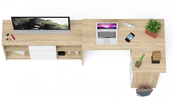 Мори компьютерный стол МС-16 правый + Тумба МТВ1204.1, дуб сонома/белый