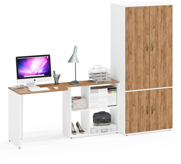 Лидер-8 Стол + Шкаф МД 19Б, белый шагрень/крафт золото