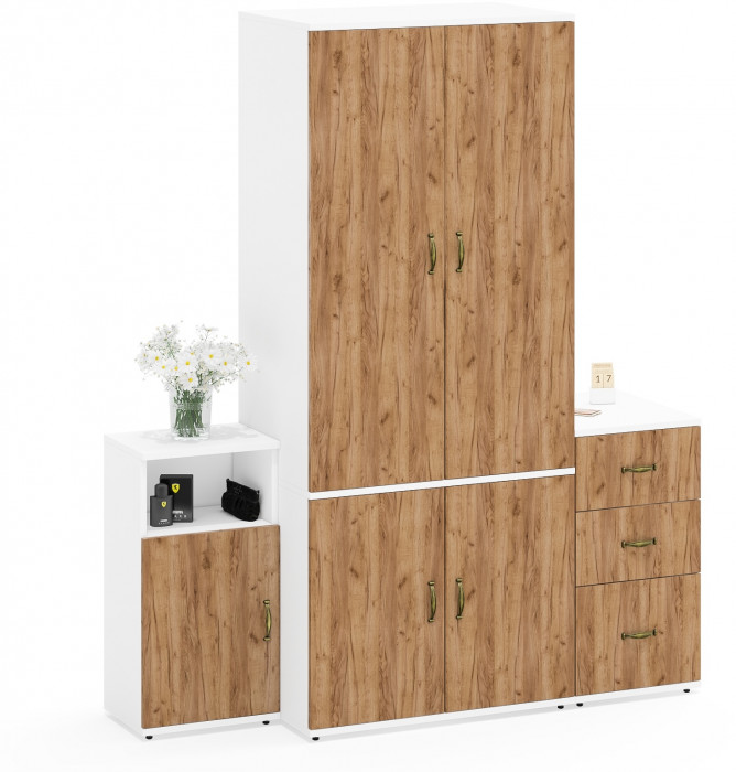 Лидер-8 Шкаф МД 19Б + Тумба МД 3.16 + Тумба МД 3.19, цвет белый шагрень/крафт золото, ШхГхВ 160х50х190 см., универсальная сборка