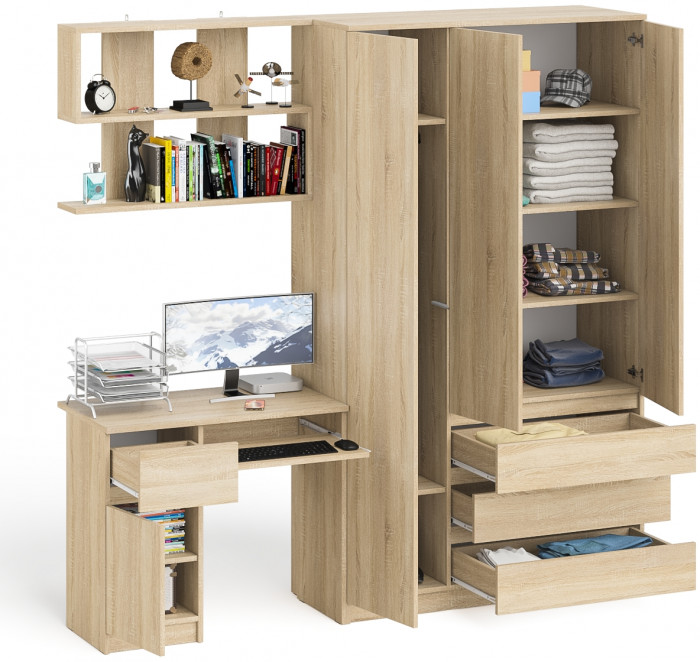 Мори Стол компьютерный МС-1 левый + Шкаф МШ1200.1 + Полка 900, цвет дуб сонома, ШхГхВ 210,4х50,4х209,6 см., НЕ универсальная сборка