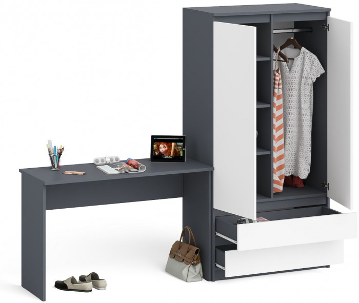 Мори Стол письменный МСП1200.1 + Шкаф МШ900.1, цвет графит/белый, ШхГхВ 210,8х50,4х179,6 см., универсальная сборка