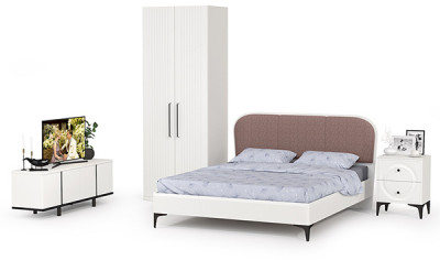 Валенсия Спальня № 36, цвет ЛДСП белый шагрень/чёрный/МДФ белый шагрень/ткань велутто 19, ортопед есть, сп. м. 1600х2000 мм., б/м