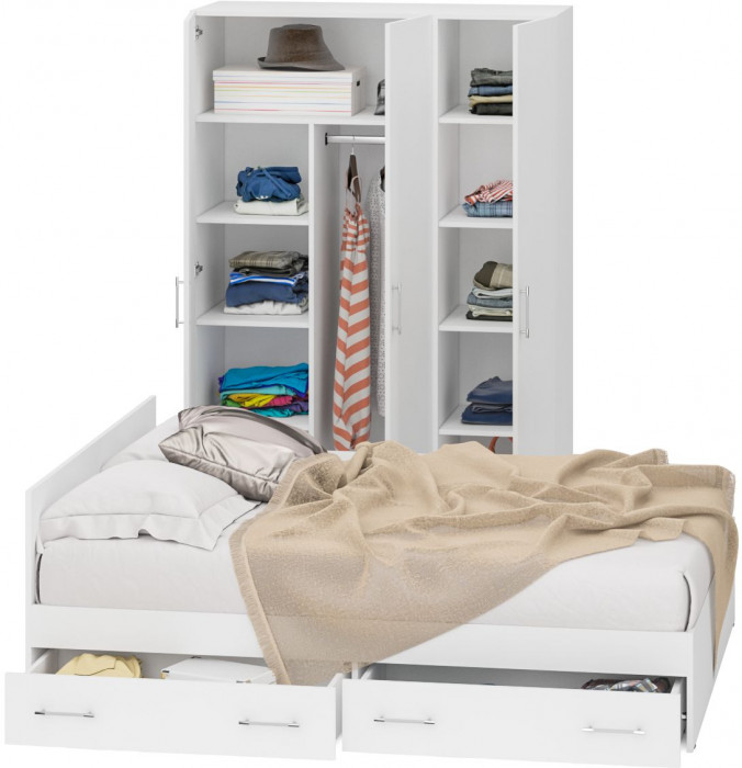 Спальня Стандарт 1-1600Я, цвет белый, ШхГхВ 163,5х203,5х70 + 135х52х200 см., сп.м. 1600х2000 мм., без матраса, основание есть