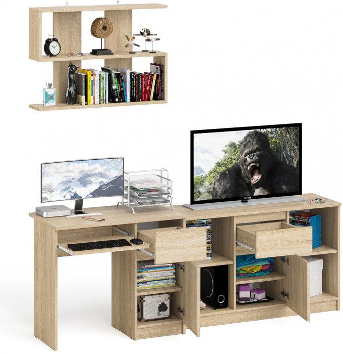 Мори Стол компьютерный МС-1 правый + Тумба МТВ1204.1 + Полка 900, цвет дуб сонома, ШхГхВ 210,4х50х209,6 см., НЕ универсальная сборка