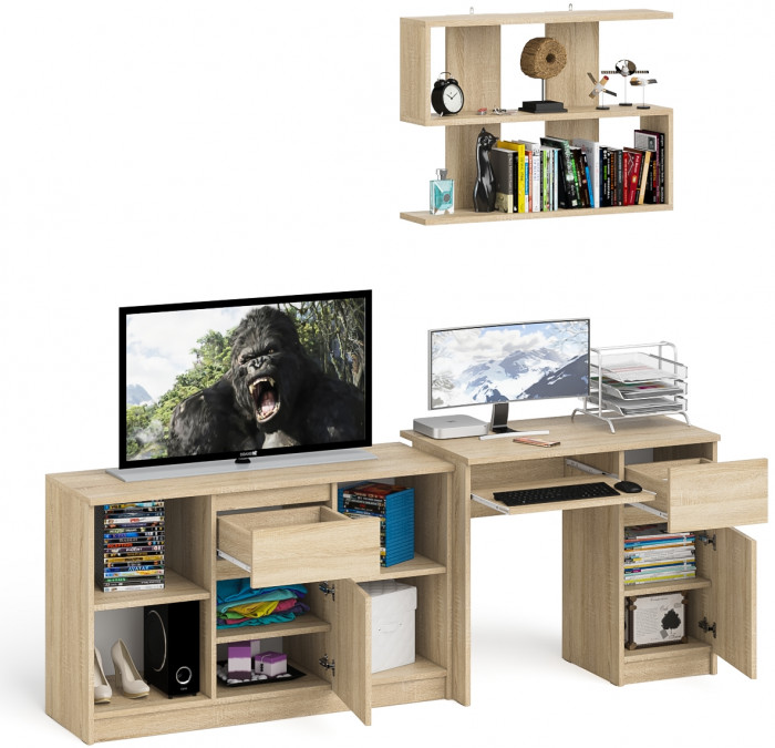 Мори Стол компьютерный МС-1 правый + Тумба МТВ1204.1 + Полка 900, цвет дуб сонома, ШхГхВ 210,4х50х209,6 см., НЕ универсальная сборка