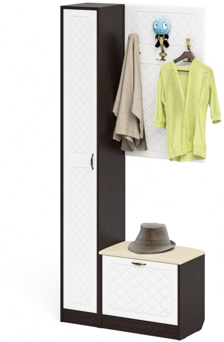 Прихожая П-6 Компоновка № 21, цвет венге/фасады МДФ белое дерево фрезеровка ромб, ШхГхВ 90х35х210 см., универсальная сборка