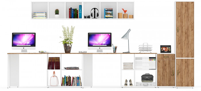 Лидер-8 Стол + Полка + Стол + Полка + Пенал МД 23Б + Тумба МД 3.15, белый шагрень/крафт золото