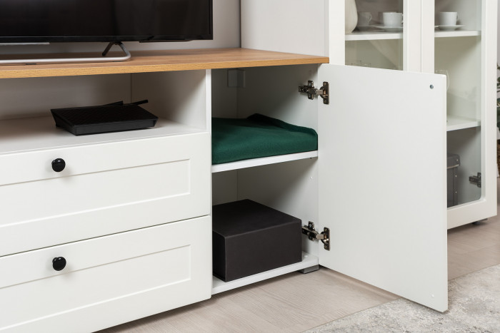 Остин 11.53 Кровать + ортопед + 16.307 Шкаф + 16.47 Тумба под ТВ, белый шагрень/дуб крафт золотой