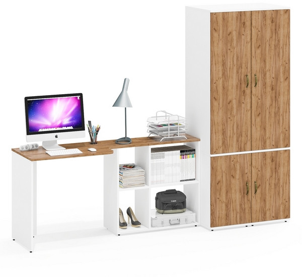 Лидер-8 Стол + Пенал МД 23Б + Пенал МД 23Б, цвет белый шагрень/крафт золото, ШхГхВ 245х50х75/190 или 115х160/50х75/190 см., НЕ ун. сборка