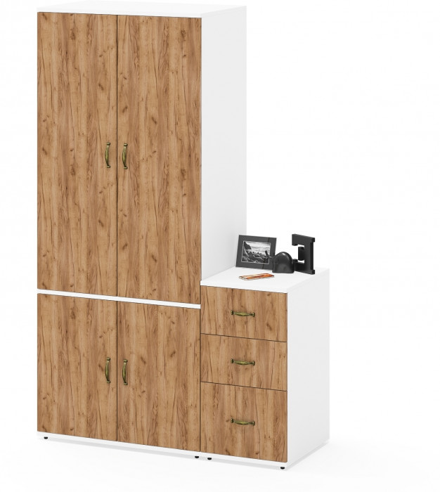 Лидер-8 Шкаф МД 19Б + Тумба МД 3.16, цвет белый шагрень/крафт золото, ШхГхВ 120х50х190 см., универсальная сборка