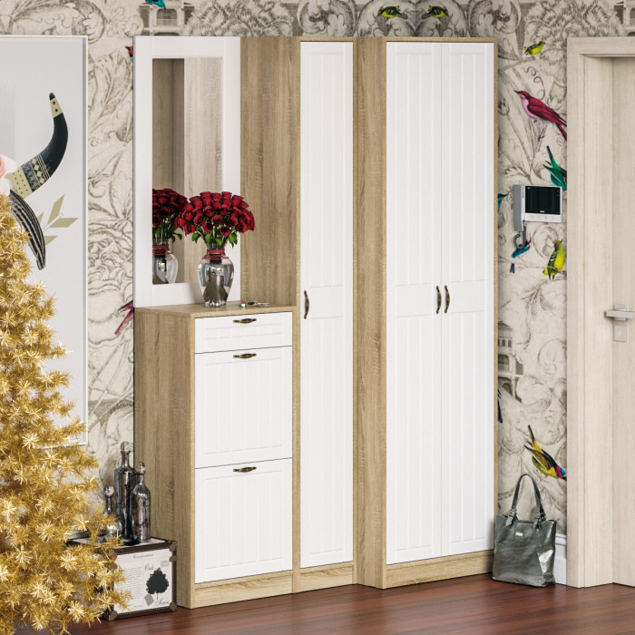 Прихожая П-6-350 Пенал, цвет дуб сонома/фасады МДФ белое дерево фрезеровка прованс, ШхГхВ 30х35х210 см., универсальная сборка