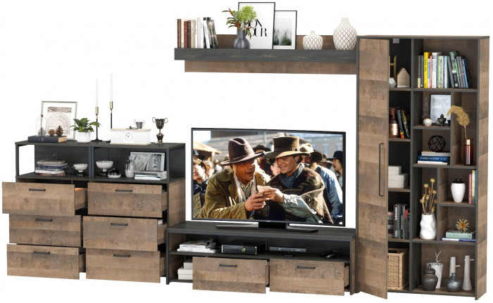 Трувор Гостиная 103, цвет дуб гранж песочный/интра, ШхГхВ 374,8х45,4х194,20 см., универсальная сборка