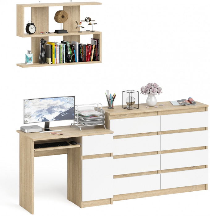 Мори Стол компьютерный МС-1 правый + Комод МК1200.8 + Полка 900, цвет дуб сонома/белый, ШхГхВ 210,4х50х209,6 см., НЕ универсальная сборка